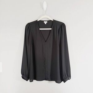 J Crew Semi-Sheer Long Sleeve Blouse Women’s Size Large Black Careerwear V-Neck